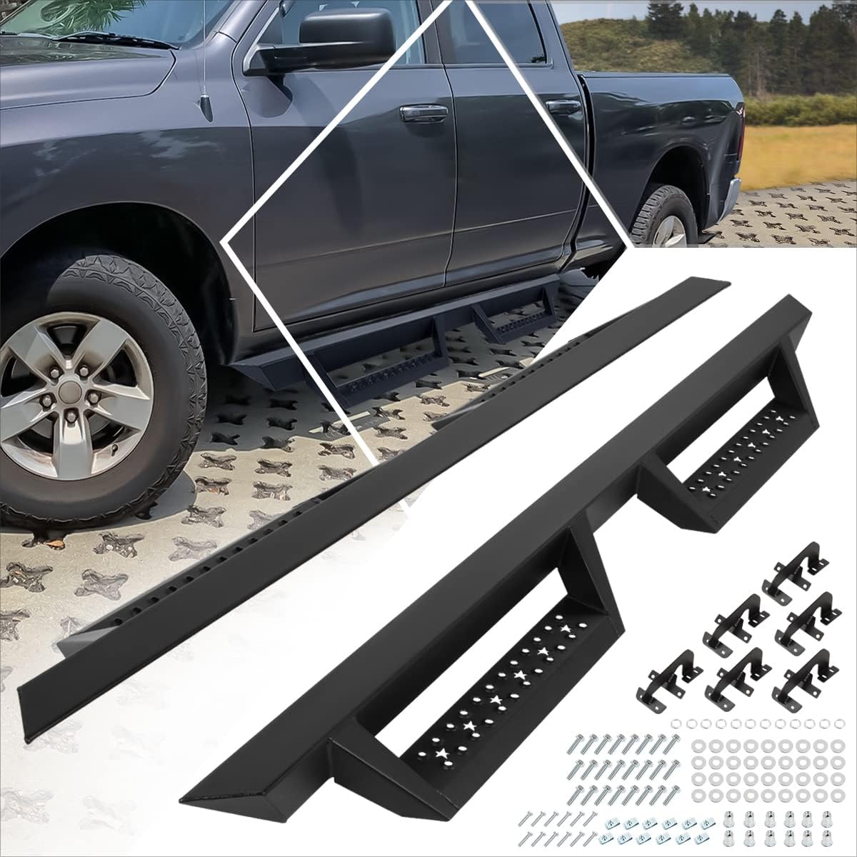 [Pair] 2.75 Inch Black Steel Drop Side Steps Nerf Bars Running Boards Compatible with 09-24 Dodge Ram 1500-3500 Crew Cab