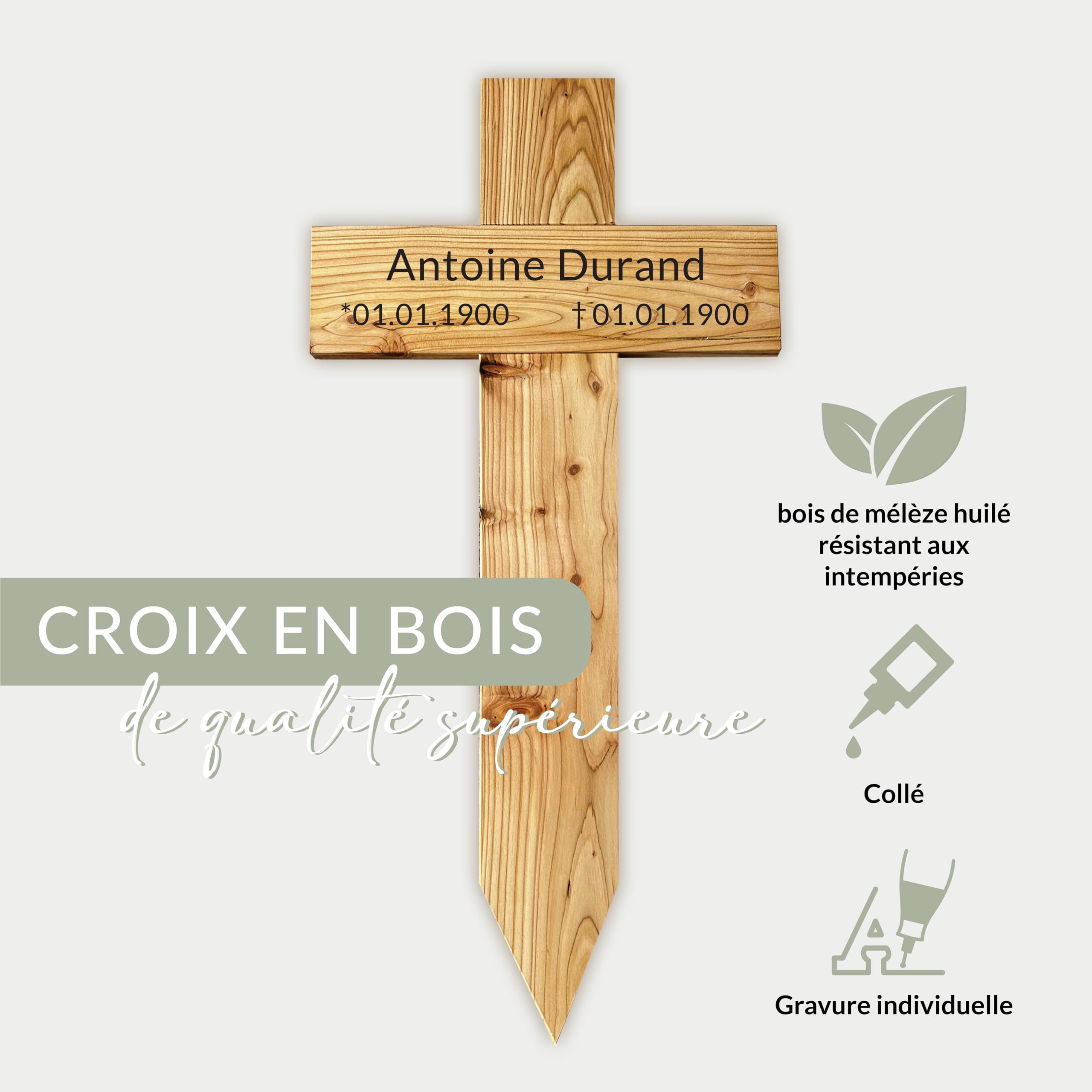 Croix funéraire XXL en bois de mélèze huilé 80 x 40 cm avec gravure laser