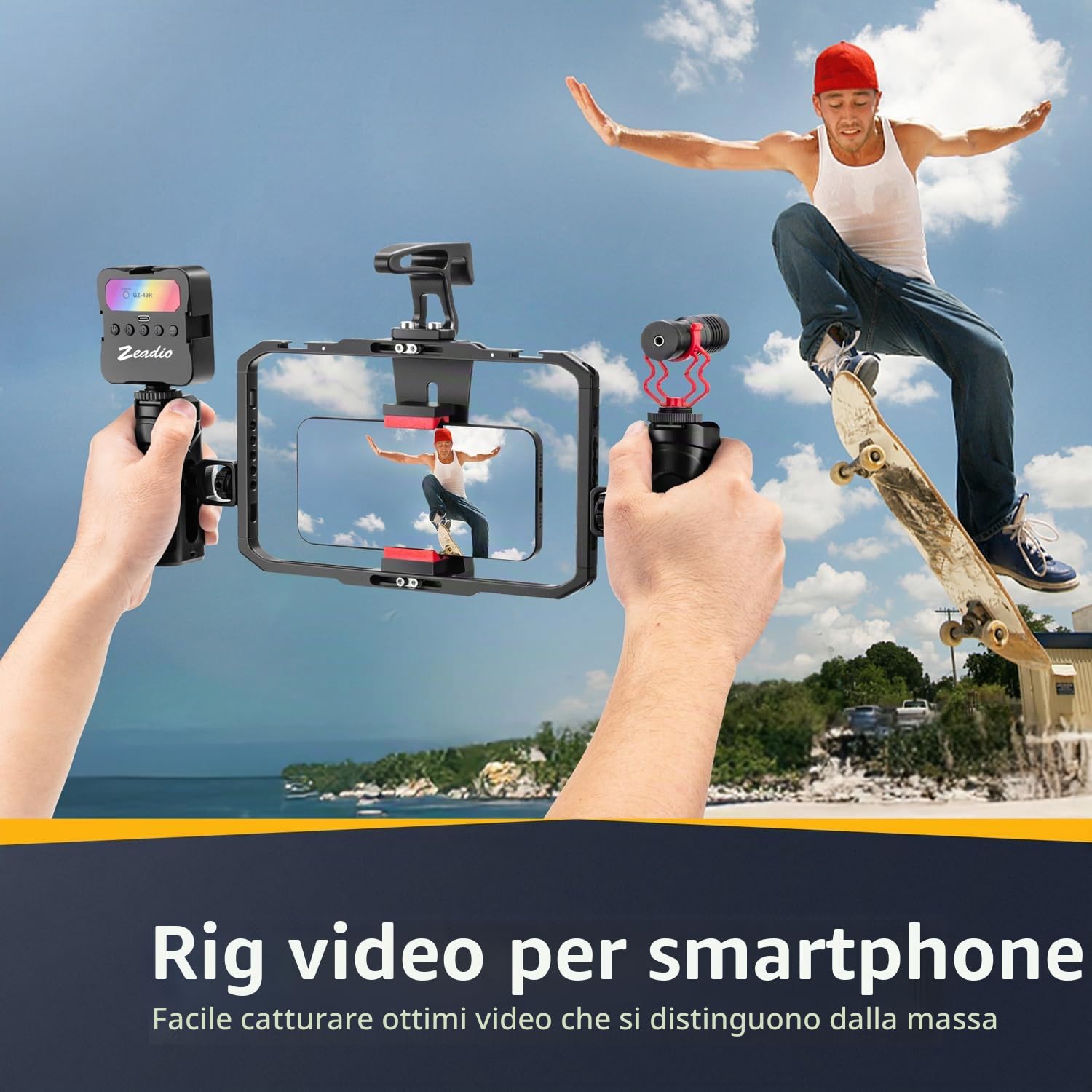 Zeadio - Kit tutto in uno per video telefonici, versatile gabbia per attrezzatura con luce RGB, microfono, treppiede con testa a sfera Arca, perfetto per registrazione/YouTube/trasmissioni in diretta