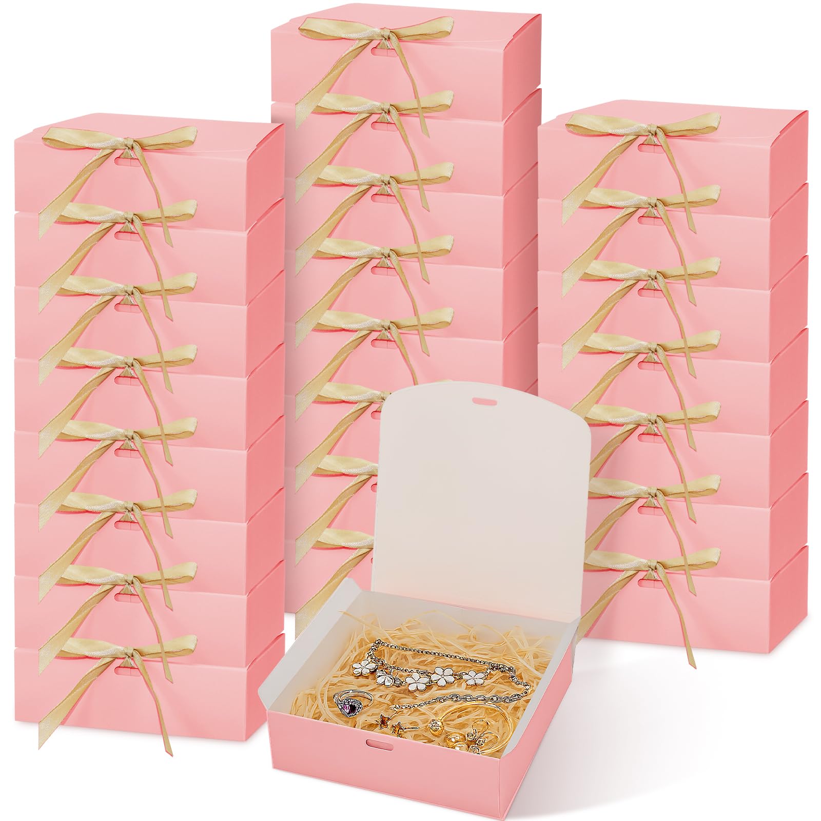 30 Pack Small Pink Gift Boxes with Lids & Ribbons, 16 x 16 x 5 cm Cardboard Present Boxes Bulk, Square Kraft Favour Box for Jewellery Wedding Birthday Hen Party & Business Packaging