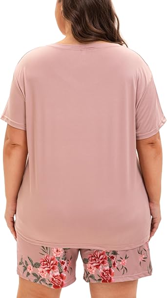 Plus Size Pajamas for Women Set, 2 Piece Womens Plus Size Short Sleeve V Neck Top and Shorts Pajama Sets with Pockets