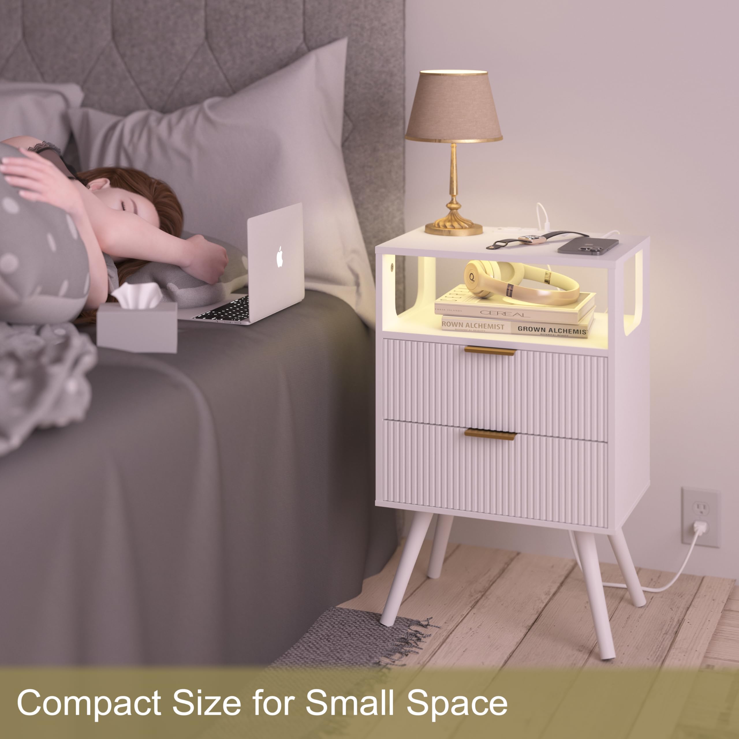 Mesita de noche blanca con estación de carga y luces LED, moderna mesita de noche con 2 cajones de almacenamiento y estante de madera abierta, para dormitorio y espacios pequeños, mesita de 3