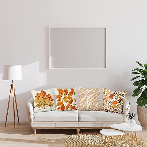 Miniatura 2 de Baocicco Juego de 4 fundas de almohada de lino con hojas de otoño de 20 x 20 pulgadas, diseño de hojas de arce y palmera de otoño y ginkgo biloba,