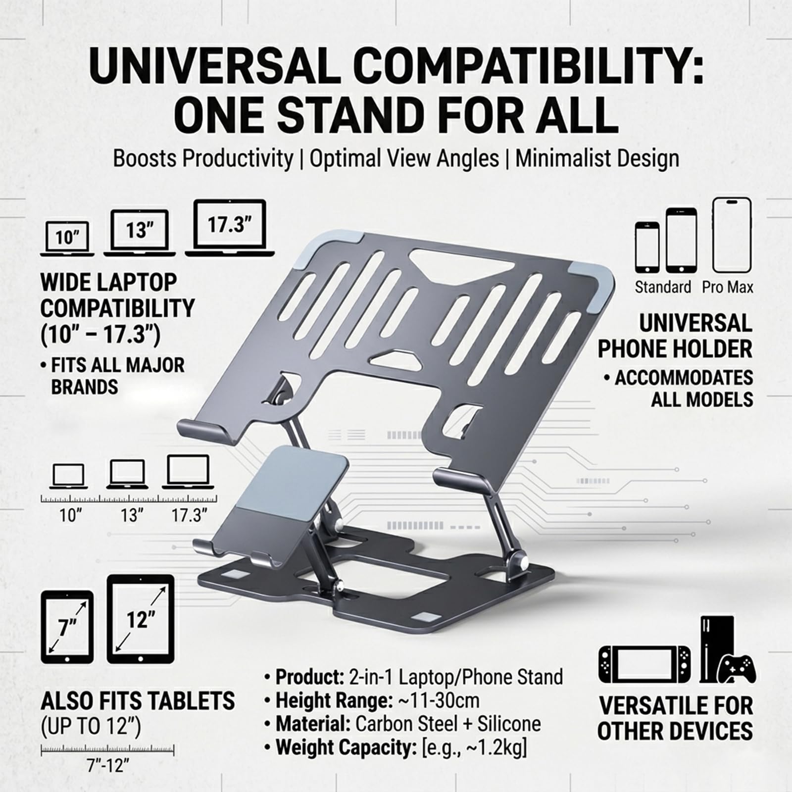 Supporto per PC Portatile Regolabile in Altezza, 2-in-1 con Supporto per Telefono, Supporto Ergonomico per Notebook Pieghevole in Acciaio al Carbonio per 10-17,3 Pollici per Ufficio