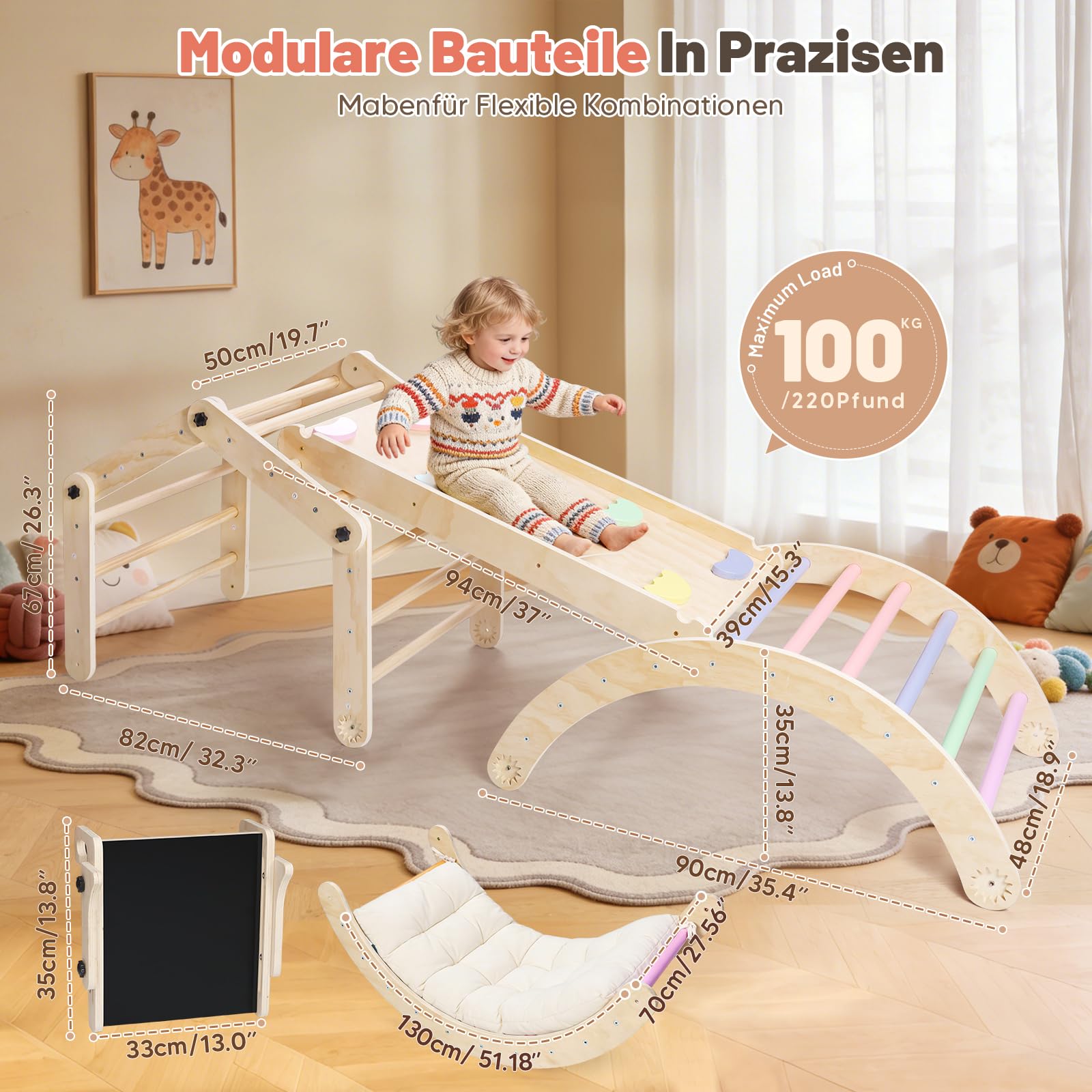 Montessori Indoor Spielset, 8-in-1 Verformbares Kletterdreieck ab 1 Jahr, Multifunktional klettergerüst Indoor mit Kletterbogen mit Kissen, Rutsche, Reißbrett, Spielplatz aus Natur Holz