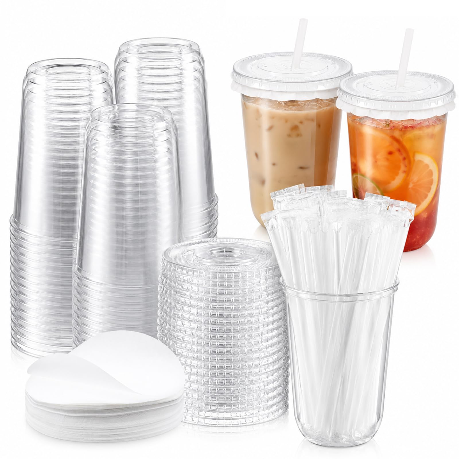 Yuaerbuo 50Pcs Clear Plastic Cups with Lids and Straws, Iced Coffee Cups