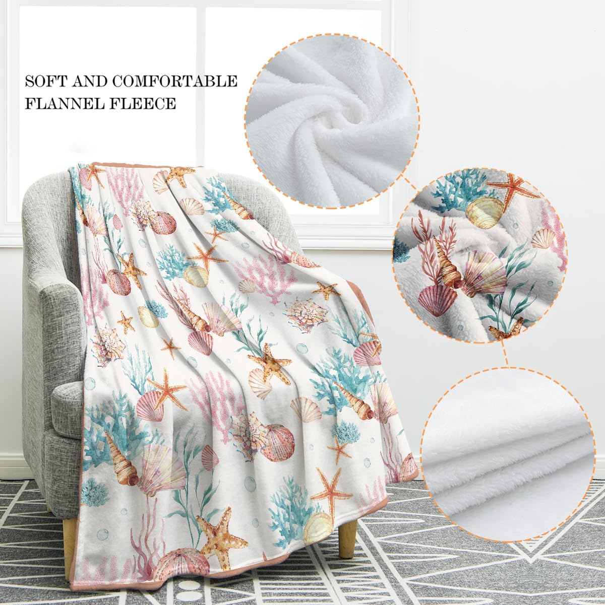 Jekeno Coral Starfish Blanket Ocean Gifts for Women Men Kids Boys Girls Dad Mom Husband Wife Friends Birthday Christmas Halloween Decor Home Bedroom Living Room Beach Throw Blanket 60"x80" - Image 2