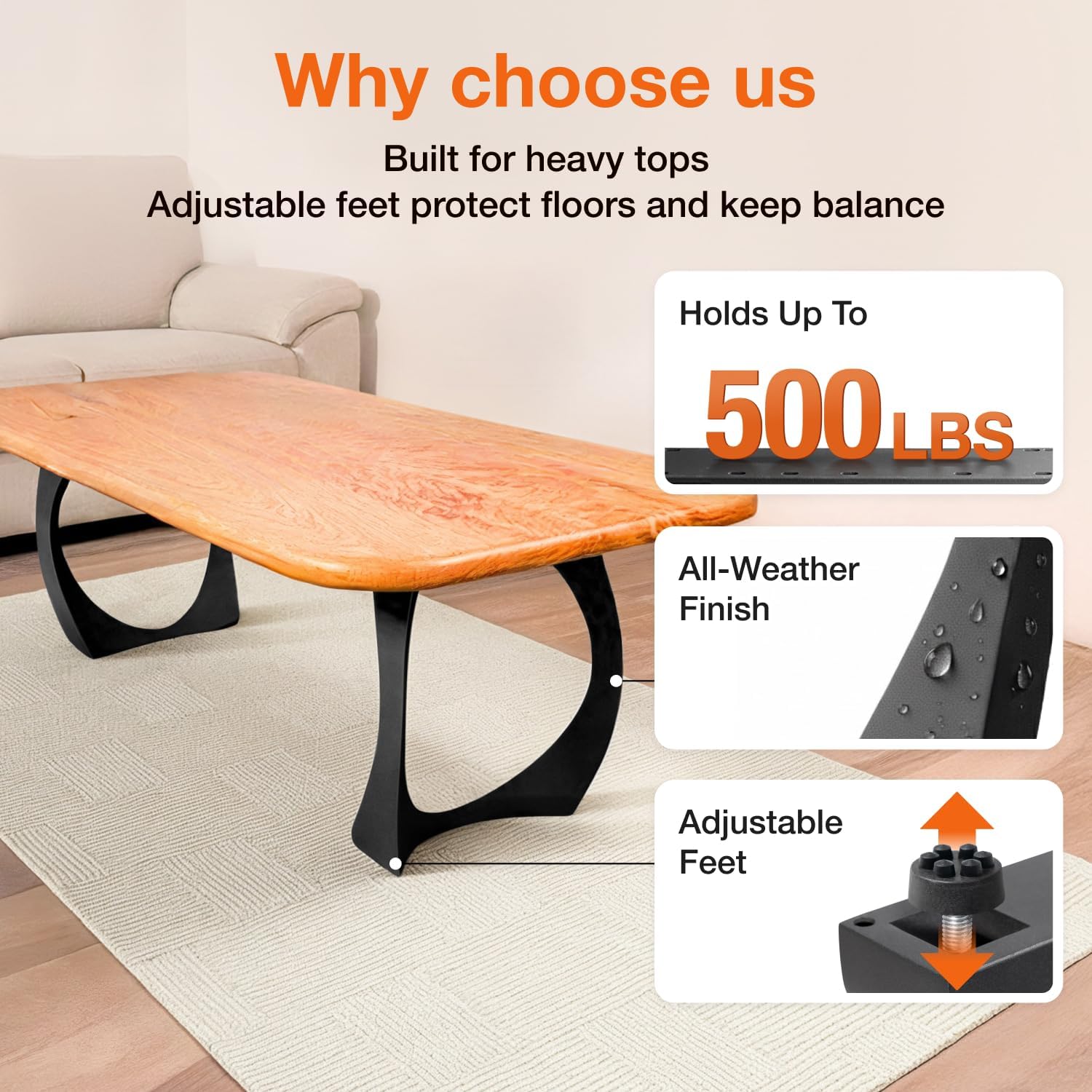 Flowyline 16" H 105 Cleo Handcrafted Black Metal Table Legs and Bases for Coffee Tables | Steel Desk Legs | Rust-Resistant, Adjustable Furniture Legs for Bench DIY Mid-Century Modern Indoor/Outdoor