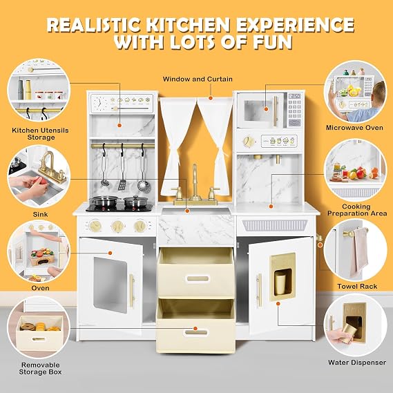 Kids Wooden Kitchen, Large Pretend Play Kitchen Toys with Sound and Light