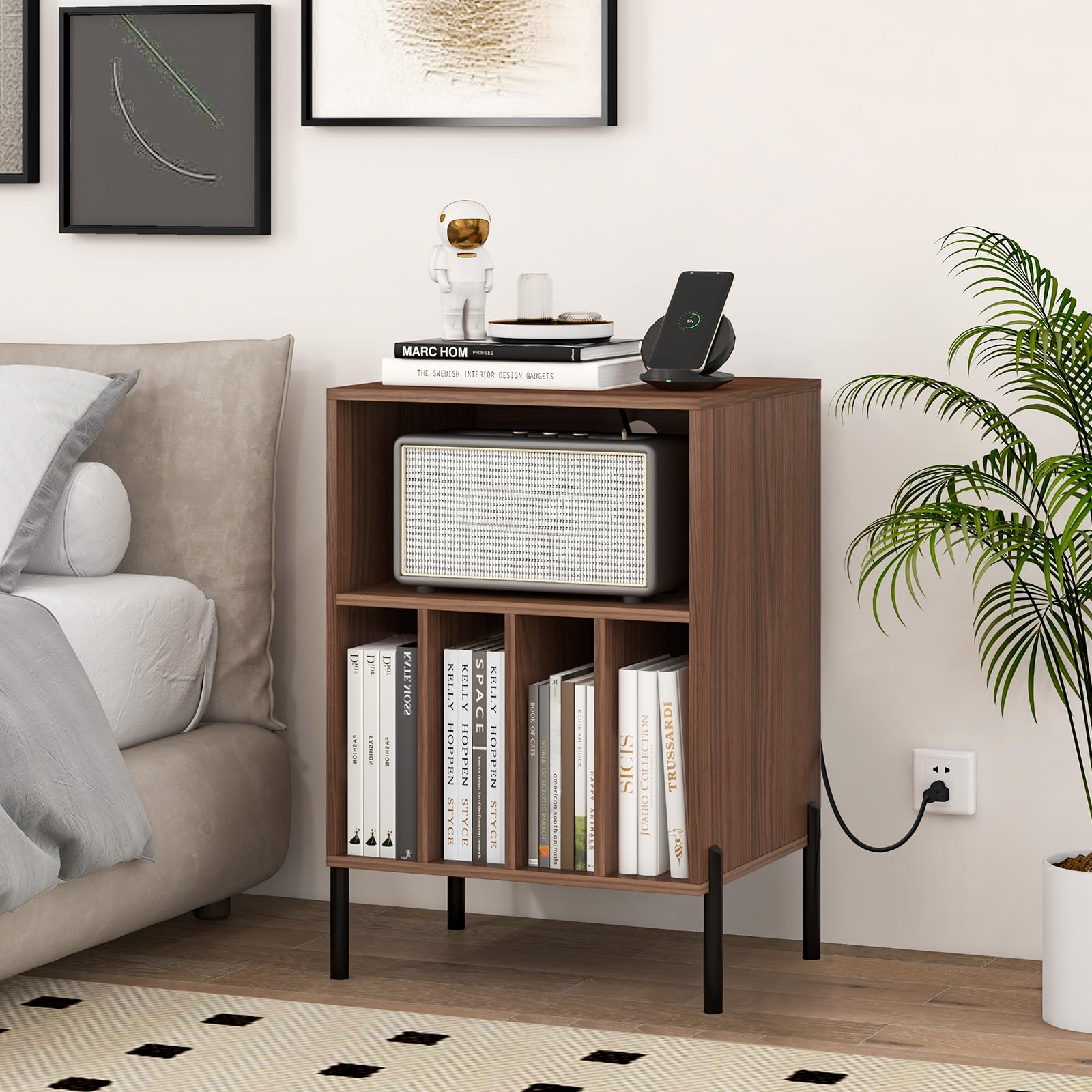 RELAX4LIFE Supporto per Giradischi con Stazione di Ricarica, Porta Vinili con 5 Scomparti e Gambe in Metallo, Scaffale per Dischi in Vinile per Soggiorno, Camera da Letto (Noce)