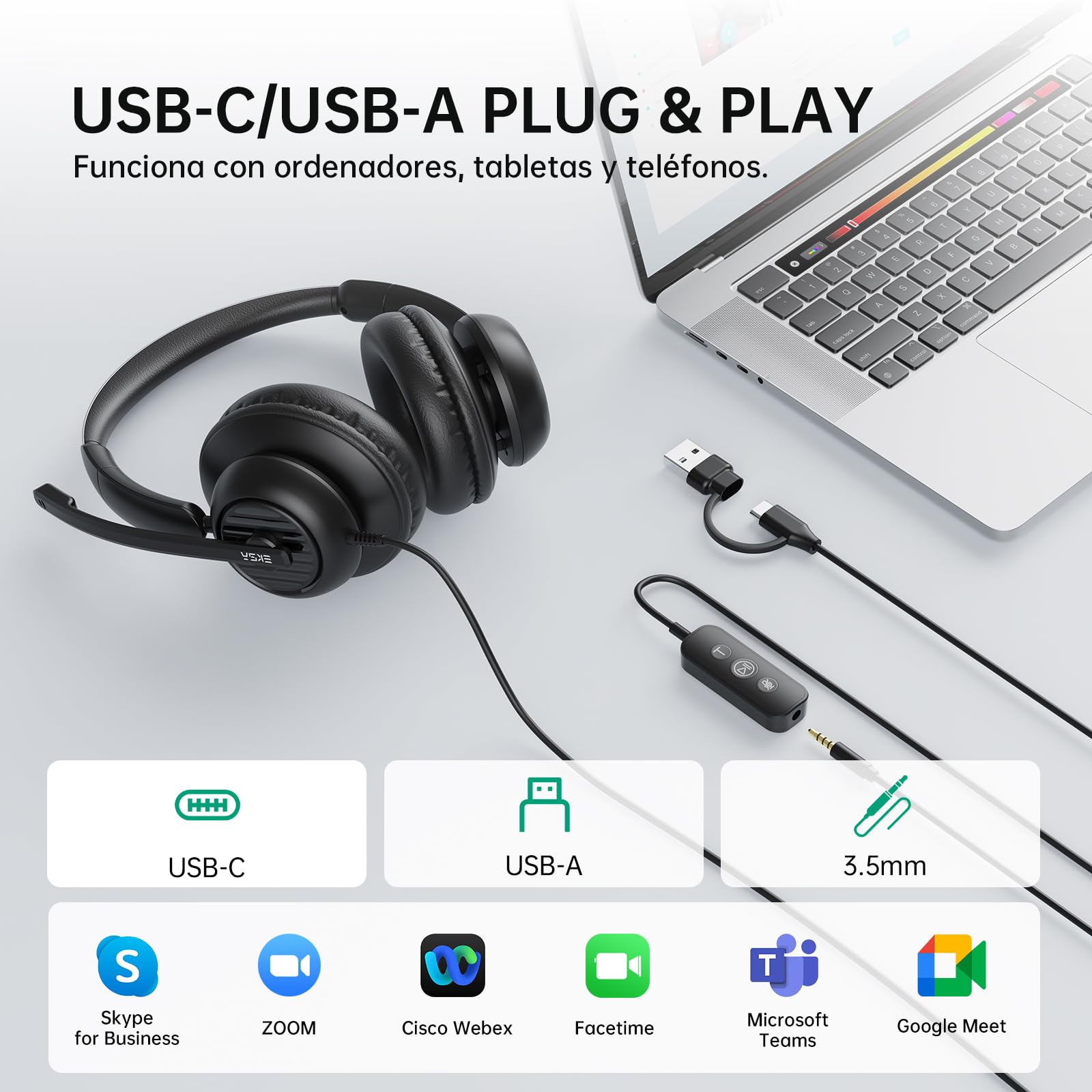 EKSA H8 Auriculares USB con micrófono,Cascos con Microfono Cancelación de Ruido,Controles en Línea, Auriculares con Cable 3.5mm/USB A+C para Centro de Llamadas/Oficina/Zoom