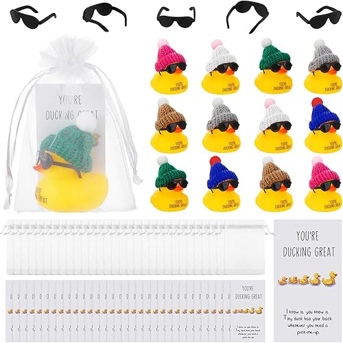 Deekin Juego de 30 juegos de regalo de agradecimiento con texto en inglés "You're Ducking Great Cheer Up", mini patos de goma con gafas y sombreros
