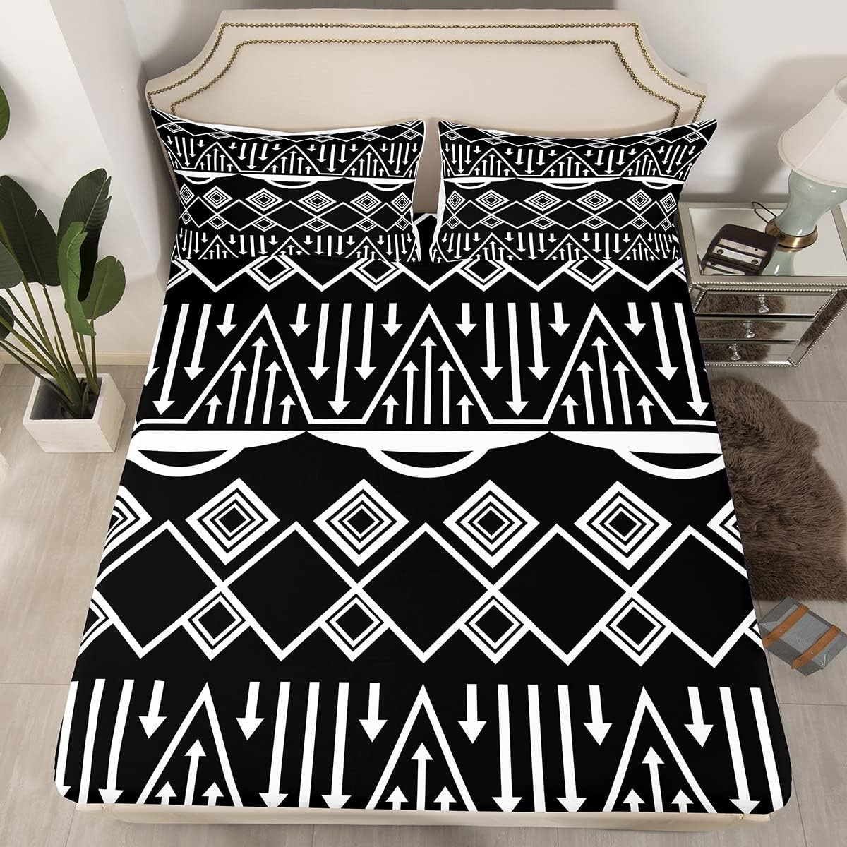 Boho Aztec Bedding Decor Set Queen Size Black and White Fitted Bed Sheets Exotic Morden Triangle Lattice Fitted Sheet Tribal Minimalism Room Decor Bed Sheet Fitted Sheet for Adult Men Women
