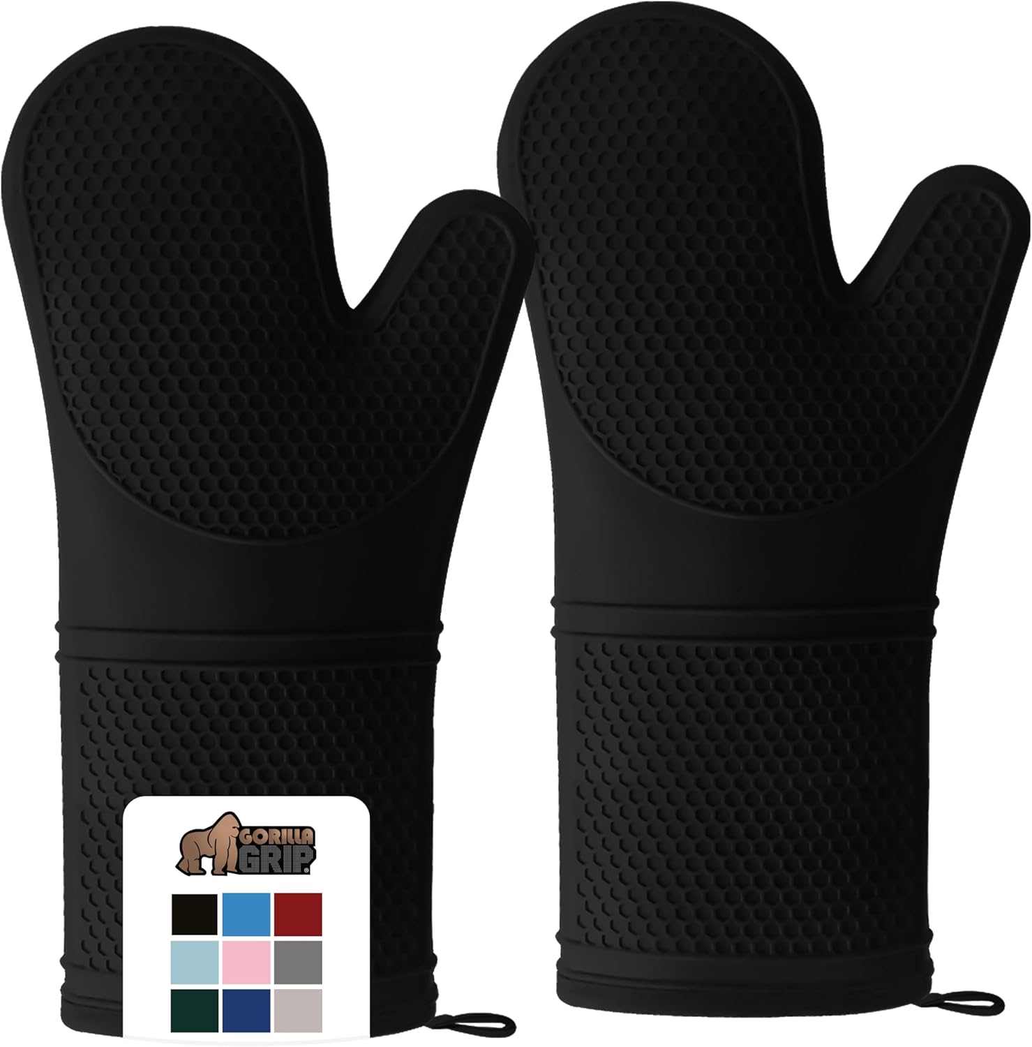 GORILLA GRIP Heat Resistant Durable Long Silicone Oven Mitts, 14.5x8.3, BPA-Free Protective Grilling Potholders, Soft Cotton Lining, Flexible Waterproof Cooking Mitt Set, Kitchen Essentials, Black (14.5" Oven Mitts Black) Thumbnail