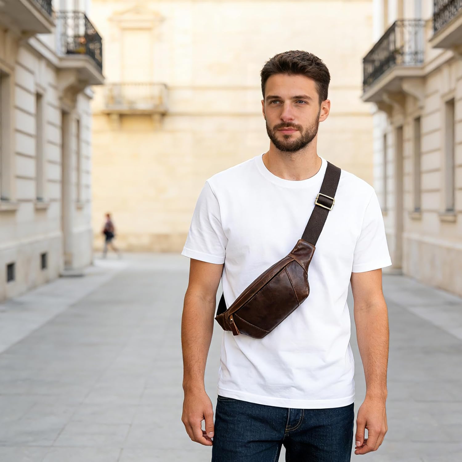 Genuine Leather Slim Waist Pack for Man & Woman, Vintage Design & 4 Zipper Pockets & Adjustable Strap, Large Capacity Fanny Pack Crossbody Belt Bag for Travel or Ride, 1034 Brown - Image 5