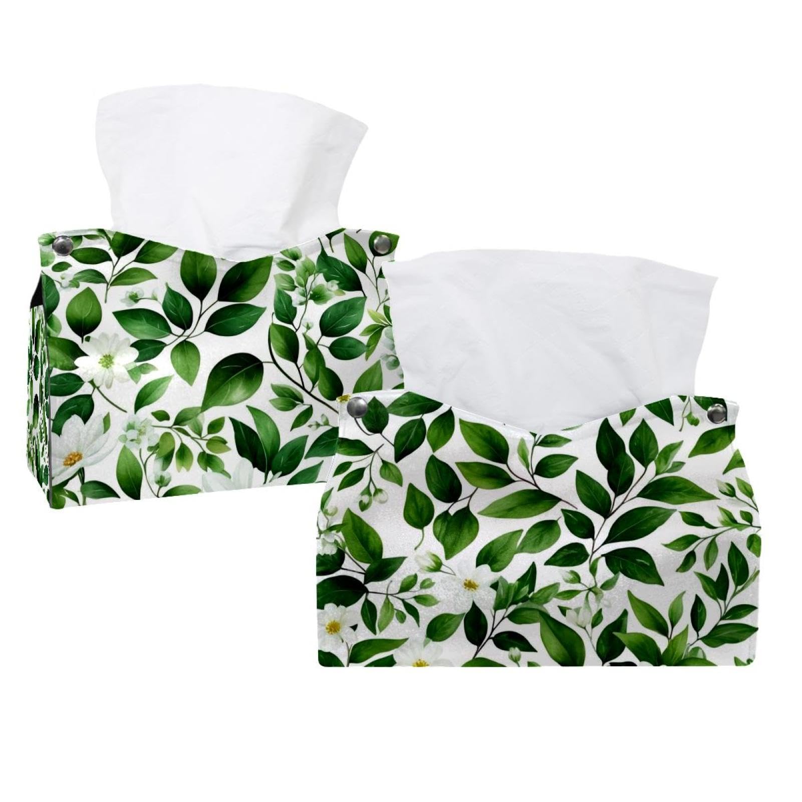 Boîte à mouchoirs en cuir haut de gamme au motif feuilles vertes chic