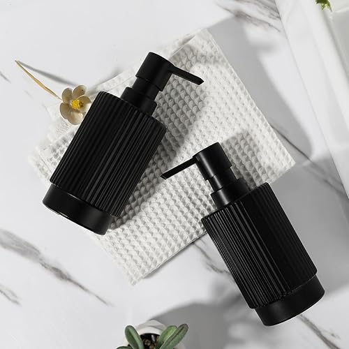 Miniatura 7 de Juego de 2 dispensadores de jabón para manos y platos para cocina, paquete de 2 dispensadores de jabón y loción de vidrio acanalado negro mate de 11