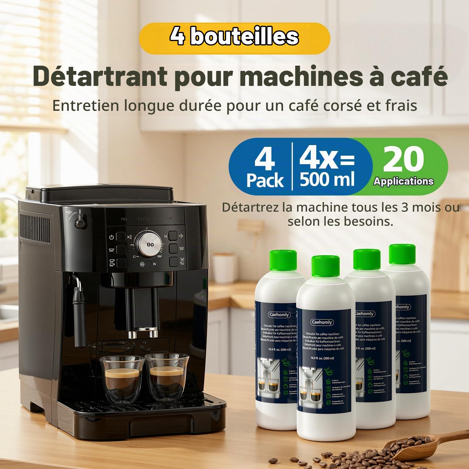 Détartrant pour machine à café DeLonghi - Détartrant de rechange pour machine à café DeLonghi DLSC500 - Accessoires d'entretien - Ingrédients végétaux - 4 bouteilles de 500 ml - 20 boîtes de