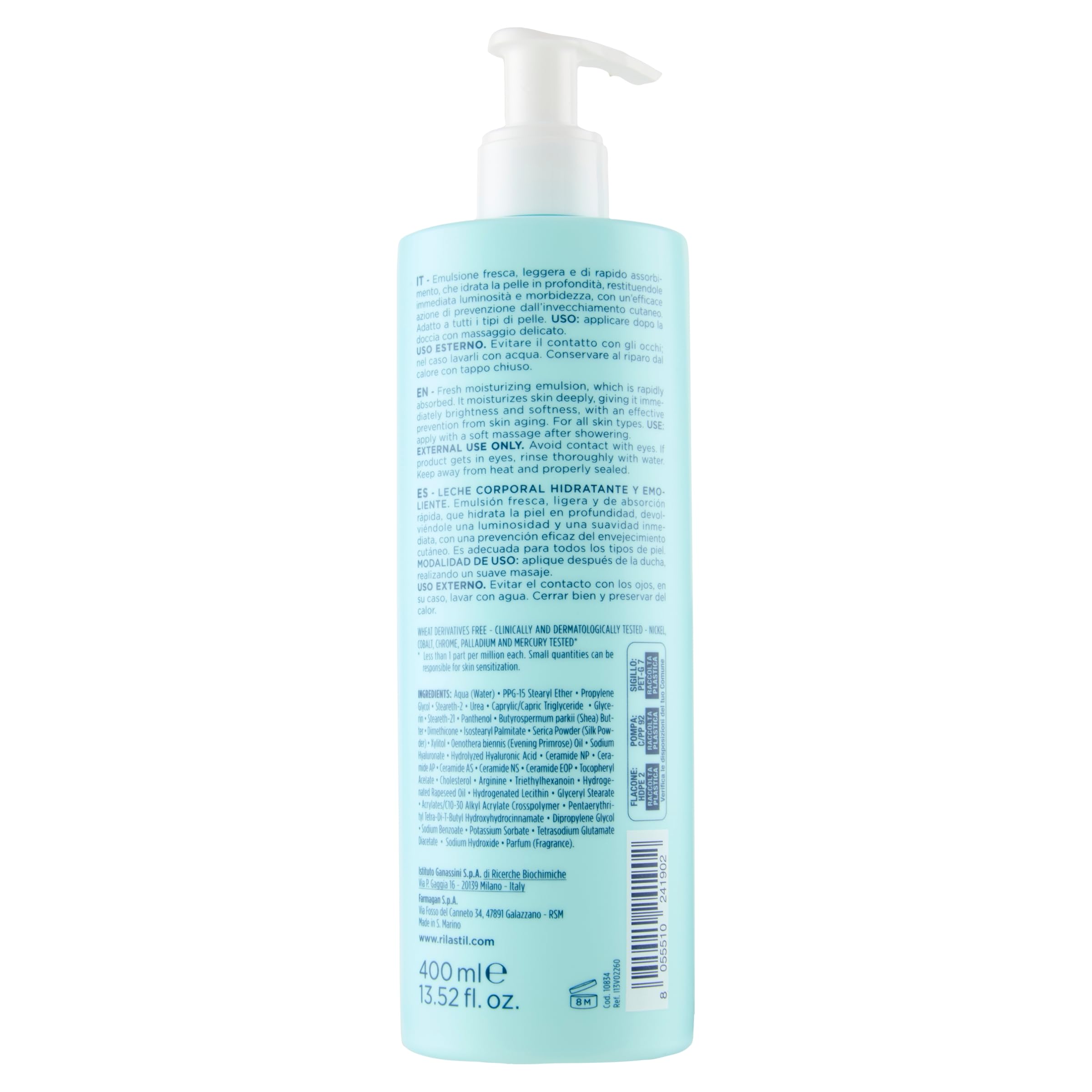 Rilastil Aqua Latte Corpo, Emulsione Fresca, Leggera, Idratante ed Emolliente con Acido Ialuronico, Confezione da 400 ml