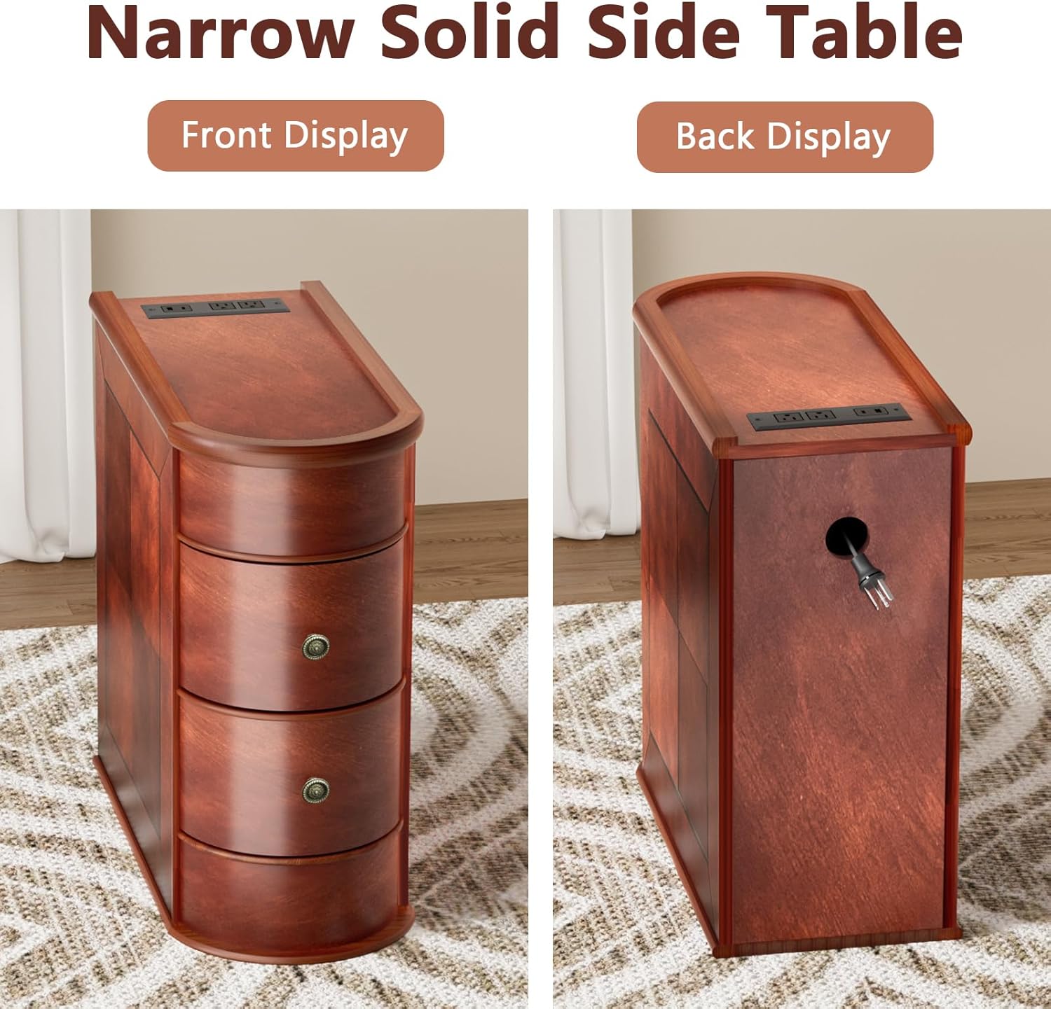 ROOMTEC Solid Wood End Table with Charging Station,Narrow Side Table with USB Ports and Outlets,No Assembly,Slim Chair Side Table,Narrow Sofa Side Table for Living Room Bedroom