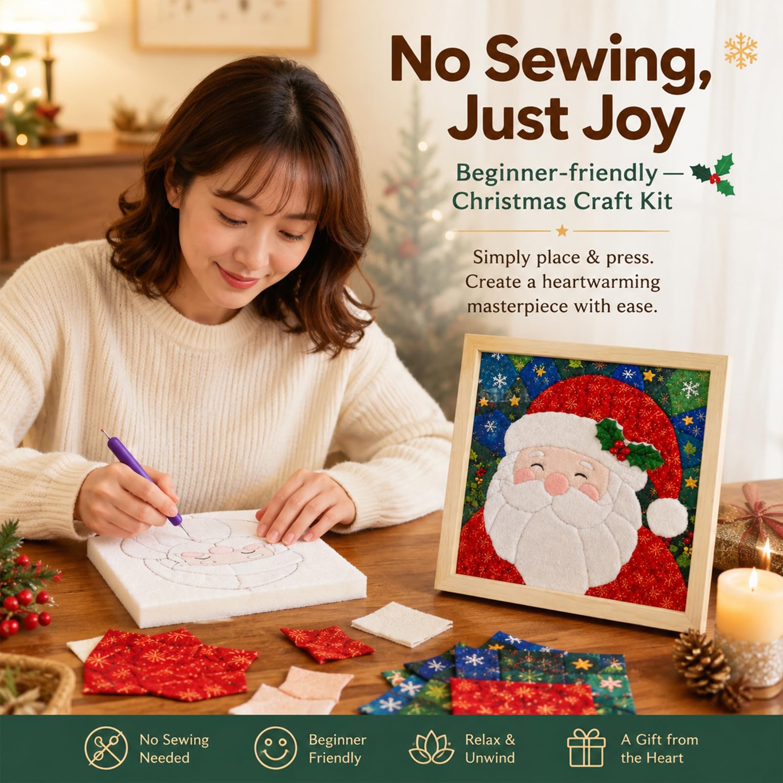 No-Sew DIY Kinusaiga Fabric Art Kit, with Frame & Tools, B04, Christmas Collection - Image 2