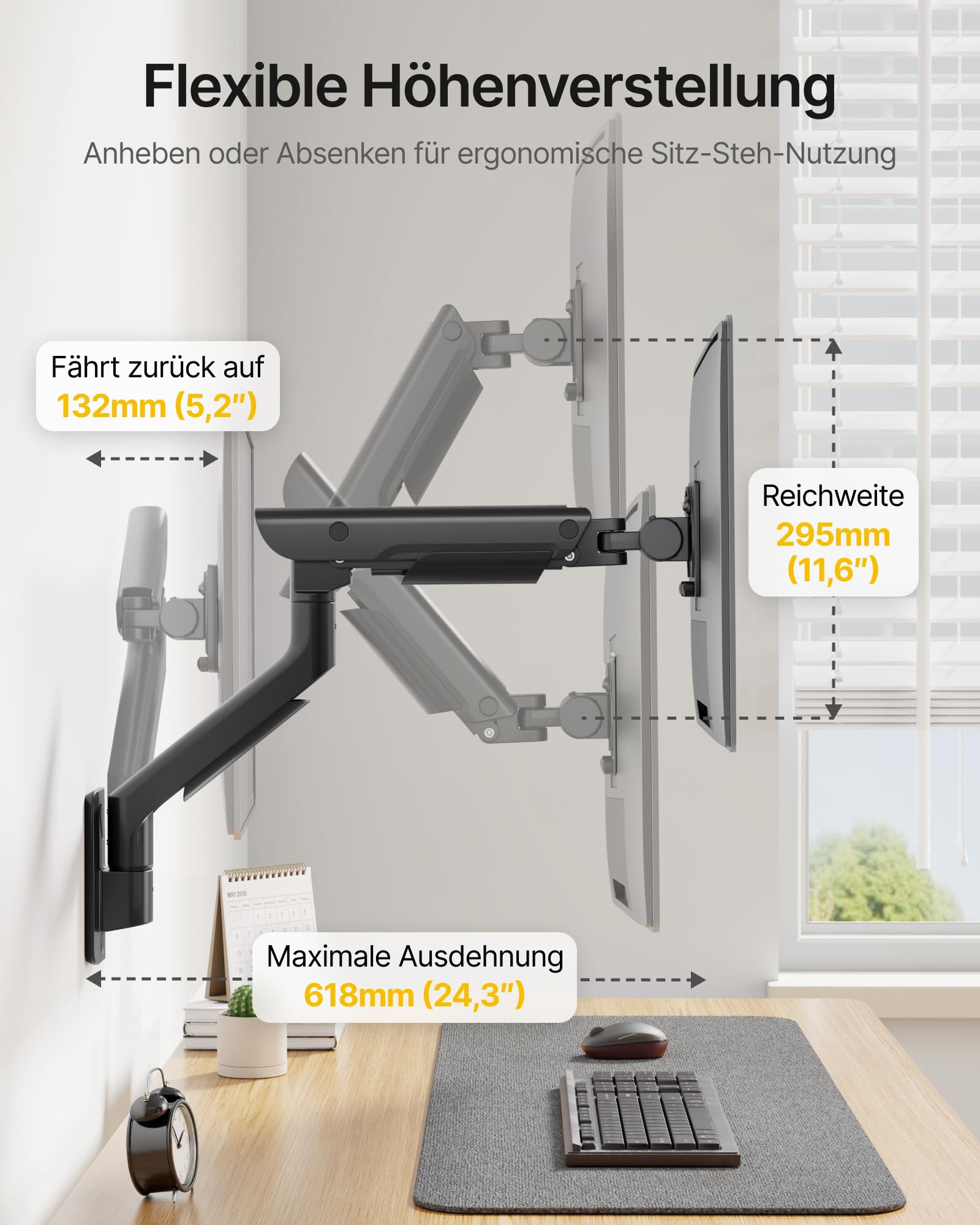 monTEK Supporto da parete singolo per monitor ultrawide da 17 a 57 pollici, fino a 27 kg, in alluminio ad alta resistenza con regolazione dell'altezza, funzione pneumatica, VESA 100 x 100/75 x 75