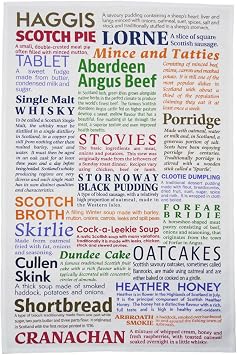 1x Scottish Cotton Tea Towel pack - 48x76 cm - Scottish Delicacies Design - Traditional Scotland Heritage Tea towels for Kitchen - Mothers Day, Burns Supper, Christmas, Special occasions