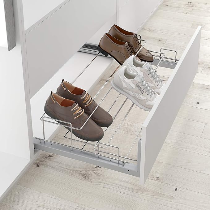Menage Confort Zapatero extraíble y Extensible para Instalar en un Frente de cajón para Armario con embellecedor, Ancho 640-1000 mm, Acero Cromo