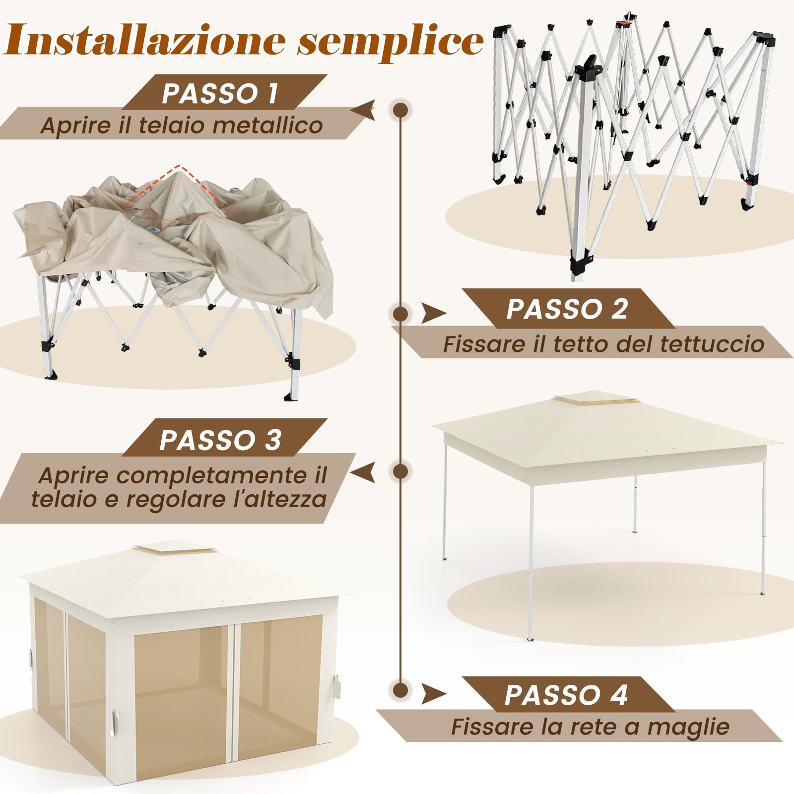 COSTWAY Gazebo Pieghevole 3,4 x 3,4 m con Zanzariera e Tende Laterali Tenda da Giardino Antivento 210D Beige