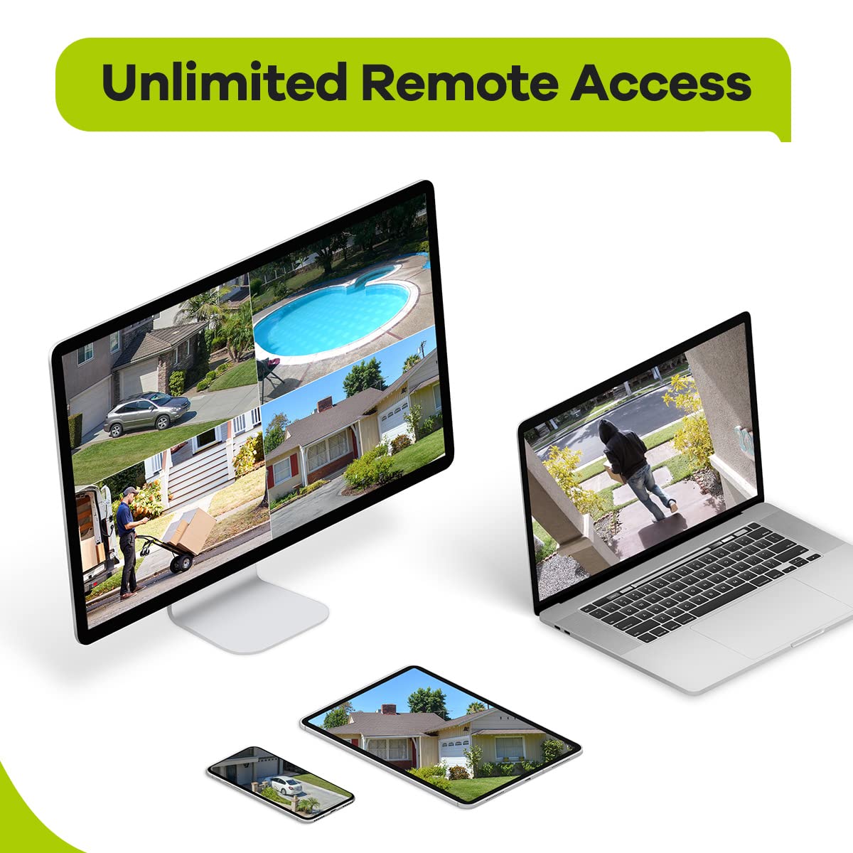 Multiple devices (monitor, laptop, tablet, smartphone) displaying live camera feeds, illustrating unlimited remote access