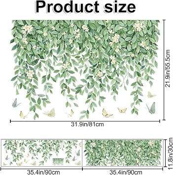 White Flowers Wall Decals Hanging Green Leaves Wall Stickers Butterflies Plants DIY Art Mural Decortions for Kids Baby Girls Bedroom Living Room Offices Nursery Classroom Closet Ceiling Vertex Line (A)