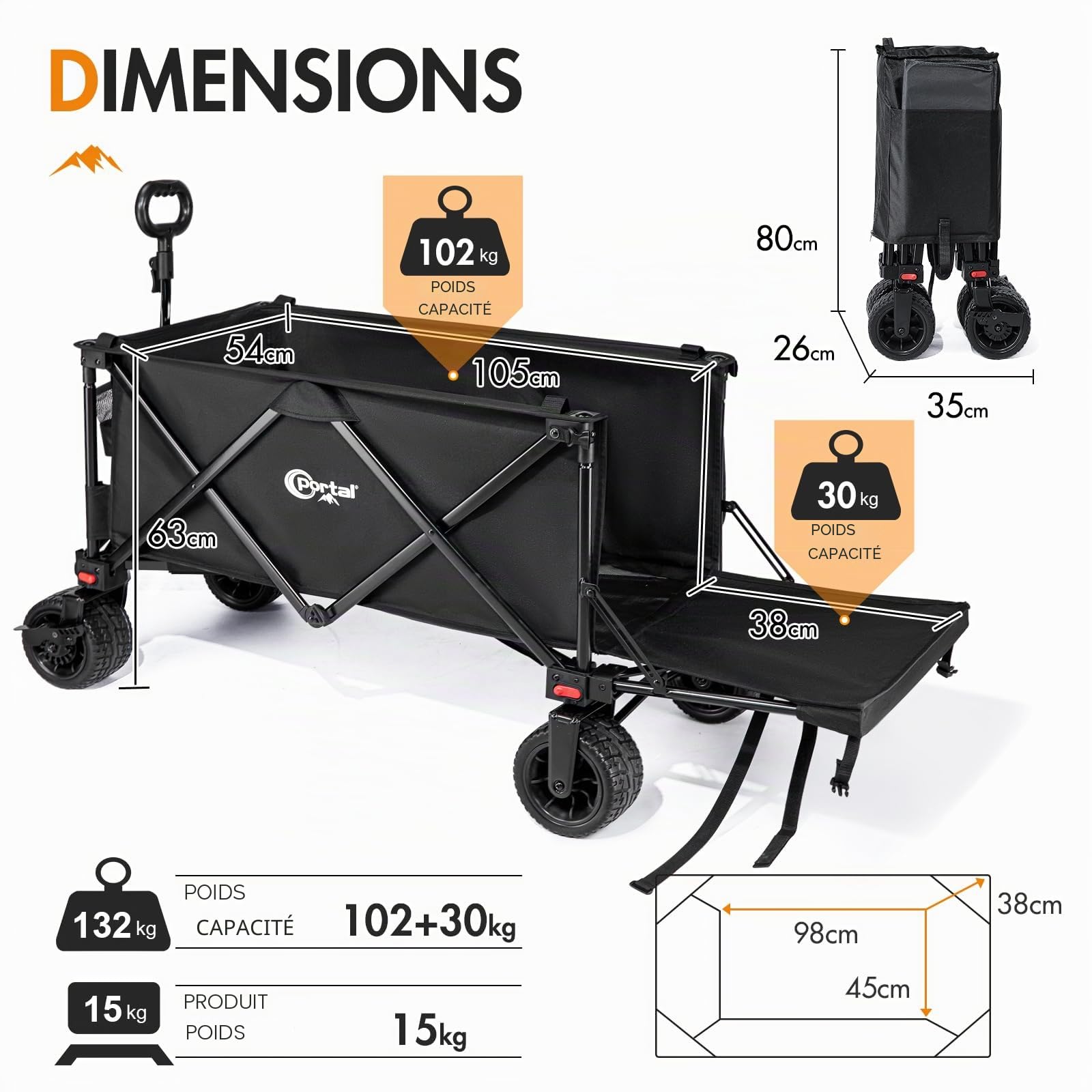 Portal Chariot de Plage avec Freins, Chariot de Plage pour Sable avec Roues Larges, Chariot de Camping de 300 L, Chariot de Camping avec hayon réglable, Chariot Pliable Robuste pour événement de