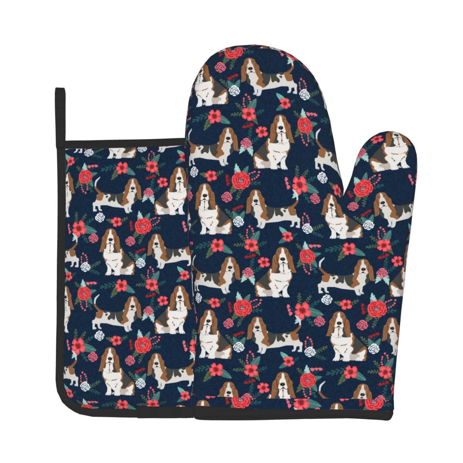 Basset Hound Navy And Poppy FloralKitchen Oven Golves，Heat Resistant Oven Mitts and Pot Holders Sets
