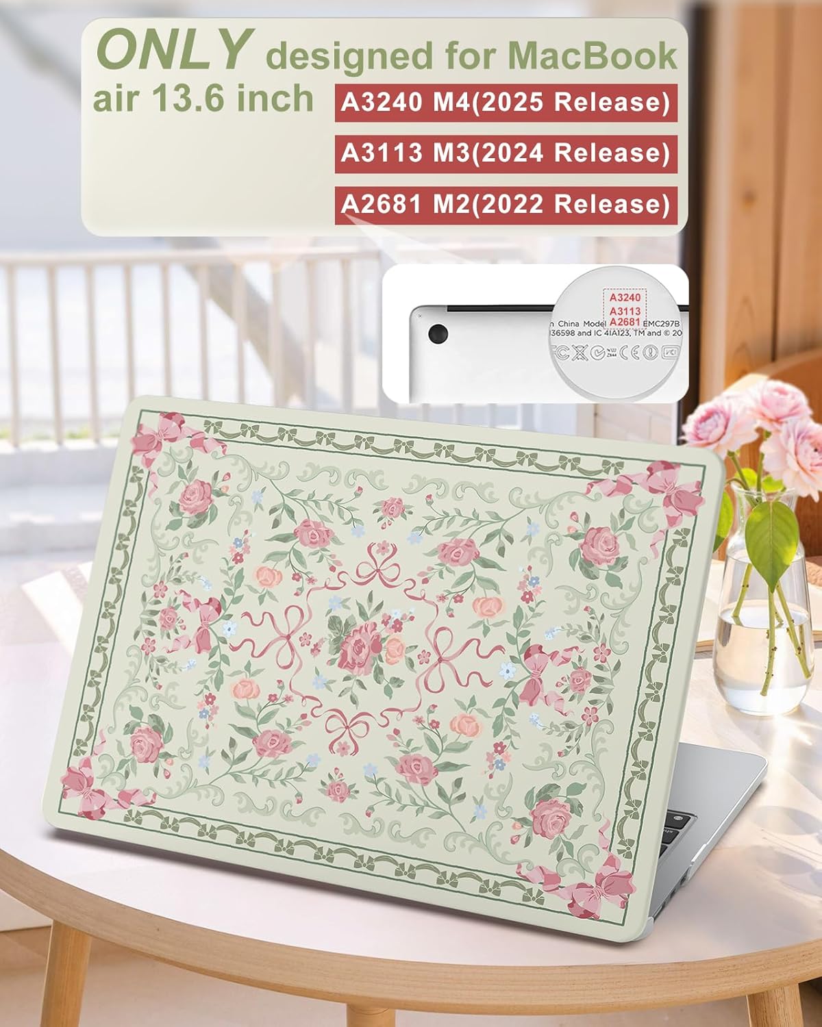 iCasso Compatible for MacBook Air 13 inch Case M4 M3 M2 2026 2025-2022 Release Model A3240 A3113 A2681, Sturdy Protective Retro Pattern Plastic Hard Shell 13.6 MacBook Air Case,Retro Bow Green - Image 2