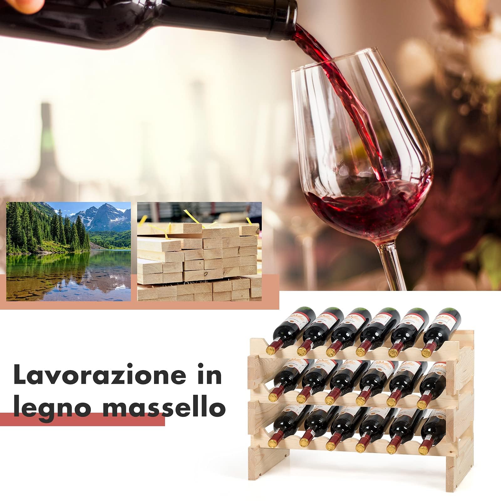 GYMAX Portabottiglie Vino in Legno di Pino, Cantinetta Vino con 6 Ripiani, per 36/72 Bottiglie di Vino, Porta Bottiglie di Vino da Terra, per Cantina, Sala da Pranzo, Bar (63 x 28 x 85 cm)