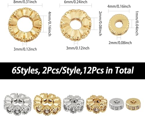 Miniatura 2 de CHGCRAFT 12 cuentas espaciadoras de circonita cúbica de 6 estilos, cuentas espaciadoras de latón, redondas y planas con diamantes de imitación para