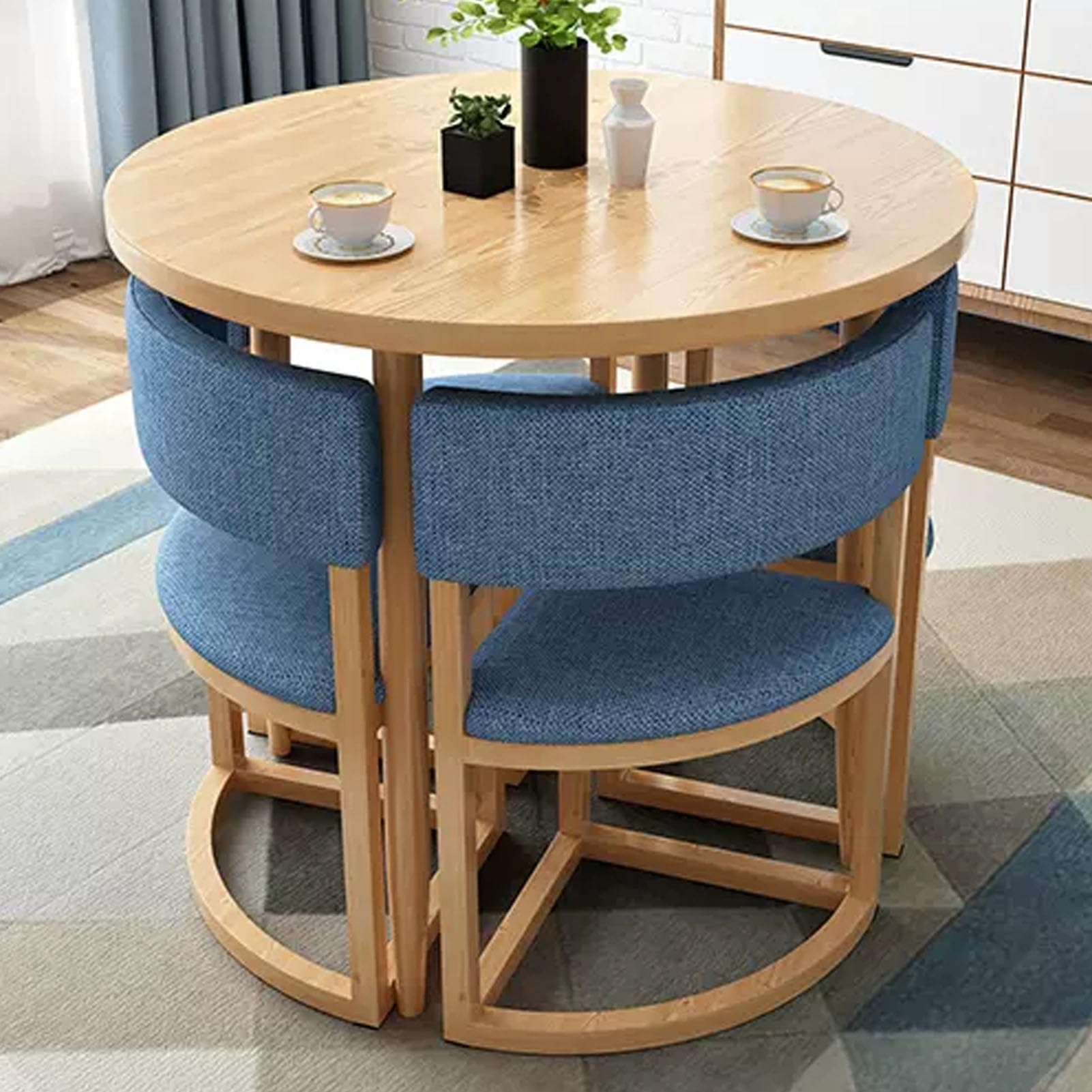 ASerZenith Office Reception Round Table Set 31.5" Conference Table With 4 Chairs Compact Meeting Room Furniture Green Negotiation Table For Lounge & Small Spaces,Blue