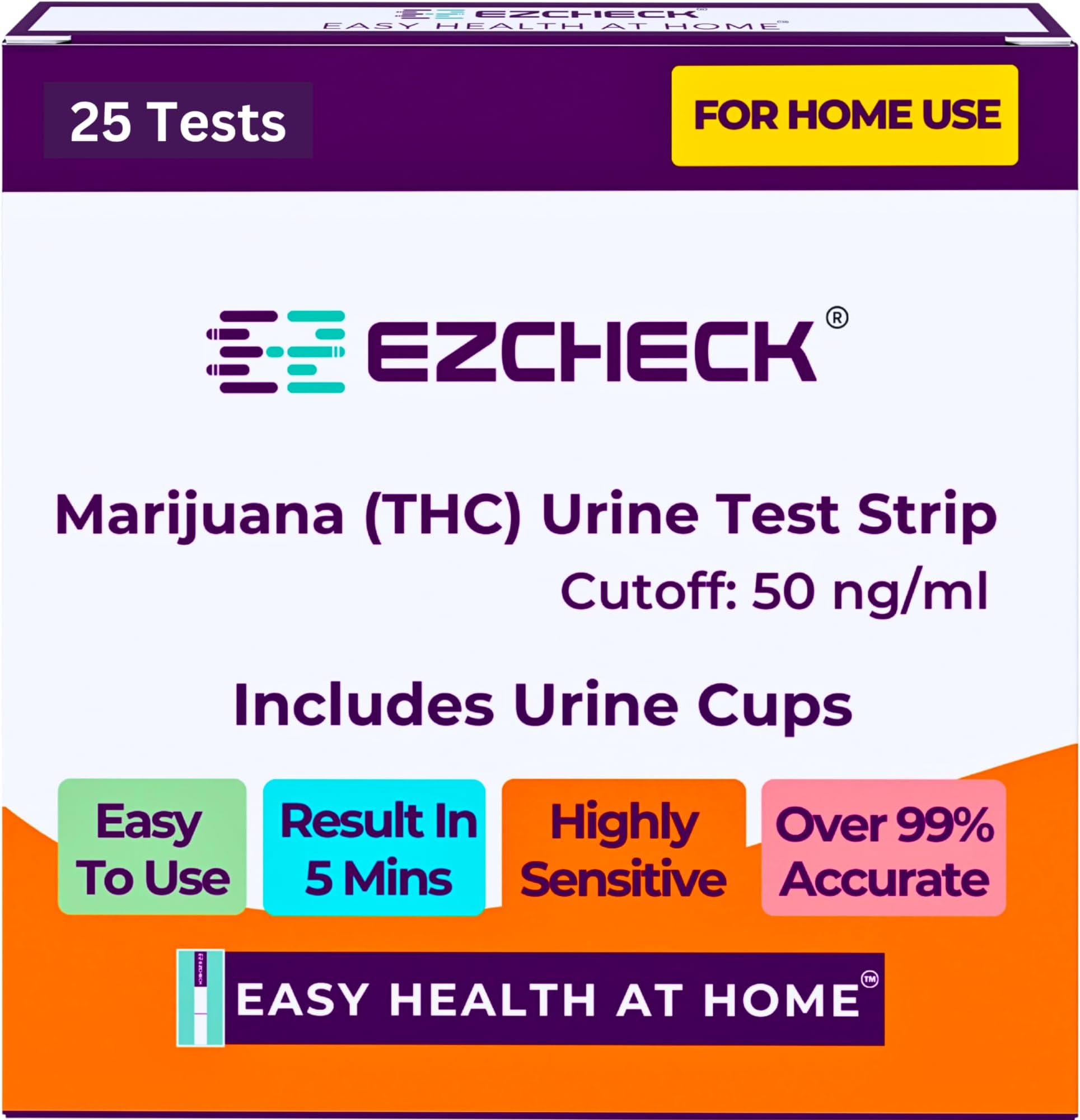 [25 Tests] EZCHECK® Highly Sensitive at Home Marijuana Drug Test Strip, THC Urine Drug Test, Easy Home Drug Test, 50 ng/ml - Fast Result in 5 mins