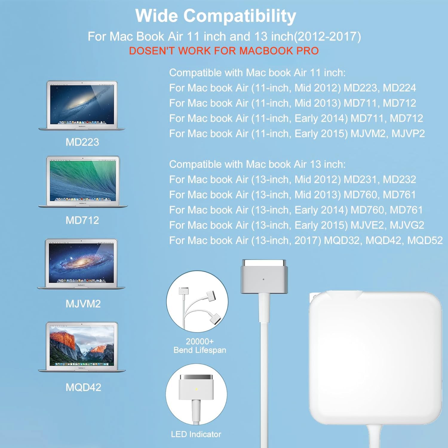 Replacement for Mac Book Air Charger 6FT, 45W Mac Air AC Power T-Tip Shape Connector Adapter for Mac Book Air 11 inch & 13 inch Between 2012-2017 - Image 7