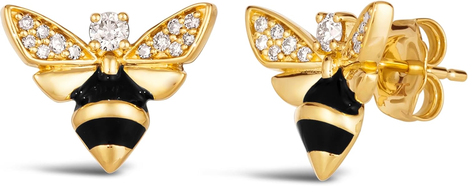 Le Vian 1/4 Carat Diamond Honey Bee Stud Earring for Women | 14k Yellow Gold Earrings for Her with Black Enamel Elegant Design (White, 0.23 cttw) Secure Push Back Studs