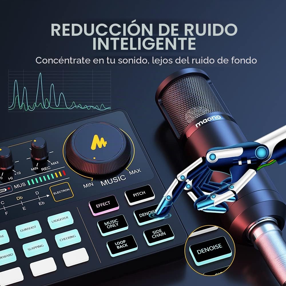 Maono Interfaz Audio con Mesa de Mezclas, Mezclador DJ Maonocaster Todo en Uno Podcast Studio kit con Micrófono de Diafragma Grande de 25 mm para Streaming, Podcast, y Youtube, PC, moviles(AM200-S6)