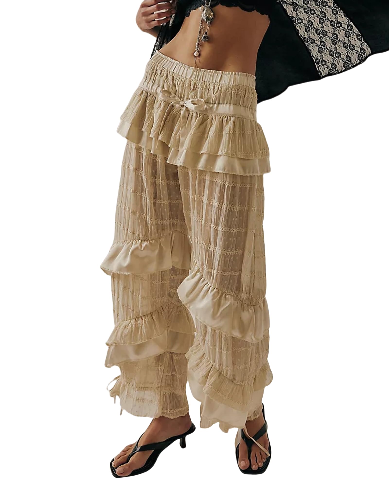 Women Lace Trim Long Bloomers Ruffle Pantaloons Culottes