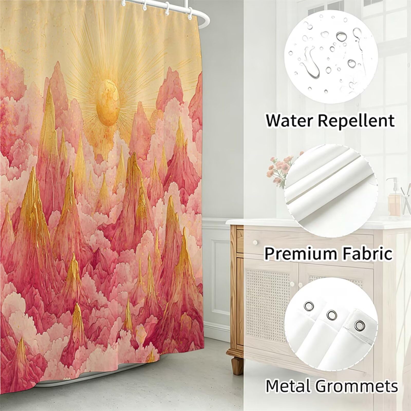 rose clair Rideau Douche 150x200cm Polyester Lavable en Machine Imperméable Rideaux de Douche sommet montagne avec œillets et 12 Crochets, Ourlet Lesté, pour Salle Bain Domicile Baignoire Cabine J-671
