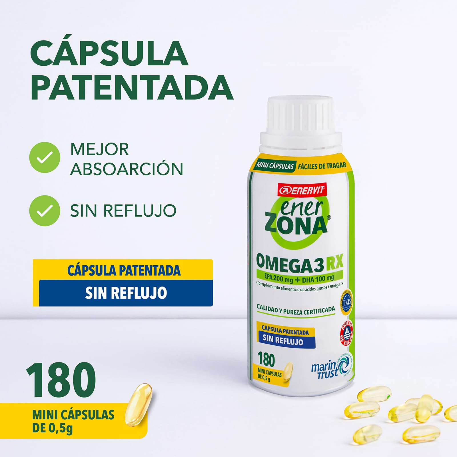 Enervit EnerZona Omega 3RX, Sin Retrogusto, Certificado IFOS, Suplementos de Ácidos Grasos Omega 3, 200mg EPA y 100mg DHA, para Corazón, Vista y Cerebro, Sin Gluten, 180 Cápsulas de 0,5g