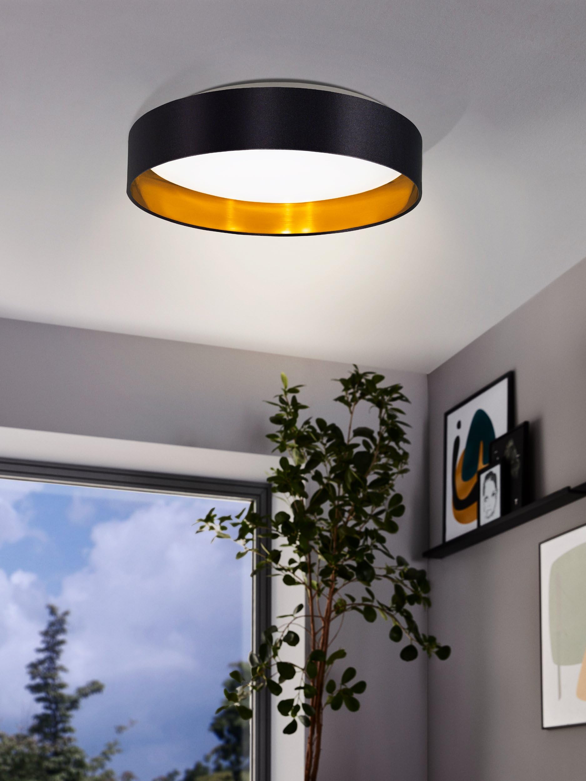 EGLO LED lampa sufitowa Maserlo 2 | tekstylna lampka do salonu z tkaniny w kolorze złotym i czarny, tworzywo sztuczne w kolorze białym, ciepłym białym, Ø 38 cm