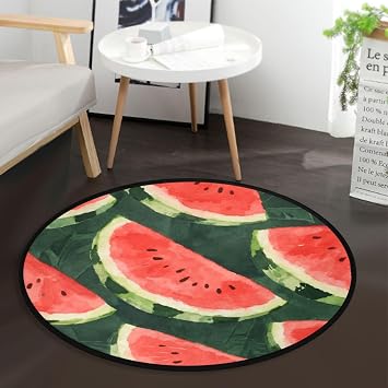 Watermelon Slices on Green Leaves Round Rug 3 ft for Bedroom Washable Area Rug Mat Circle Non Slip Carpet with Rubber Backing Floor Mat Decor for Living Room Bathroom Kitchen