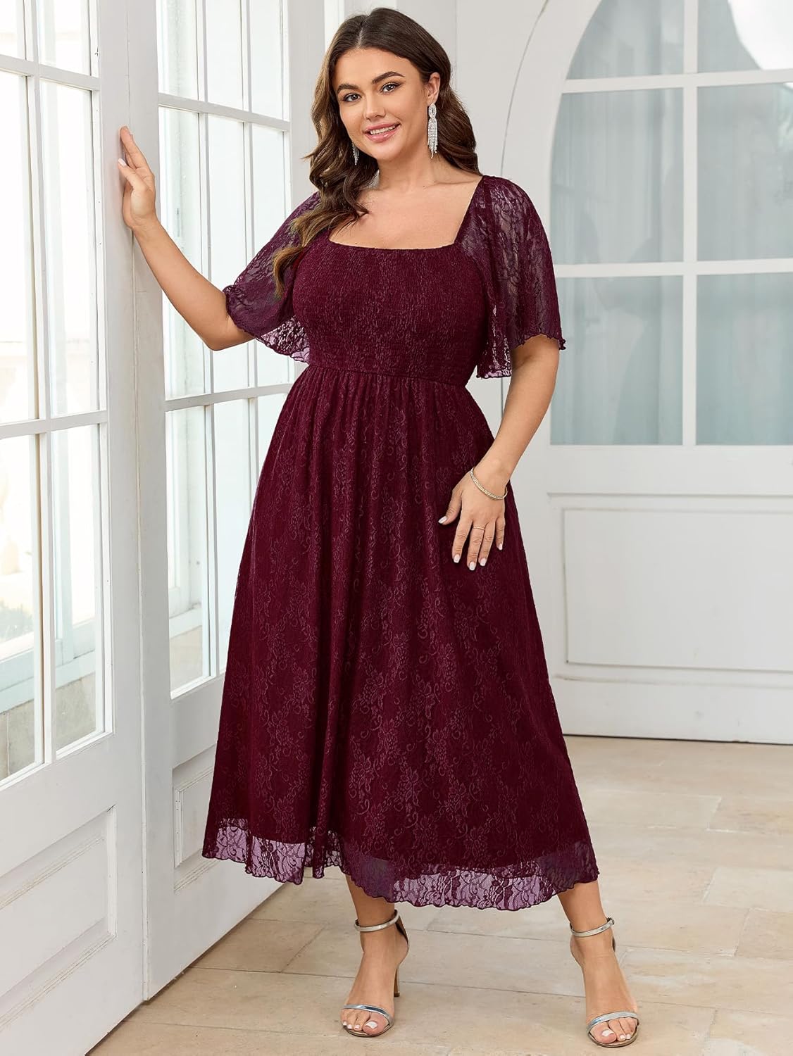 SCOMCHIC Women's Plus Size Wedding Guest Dress Formal Lace Square Neck Short Sleeve Smocked Flowy Cocktail Maxi Dresses - Image 5