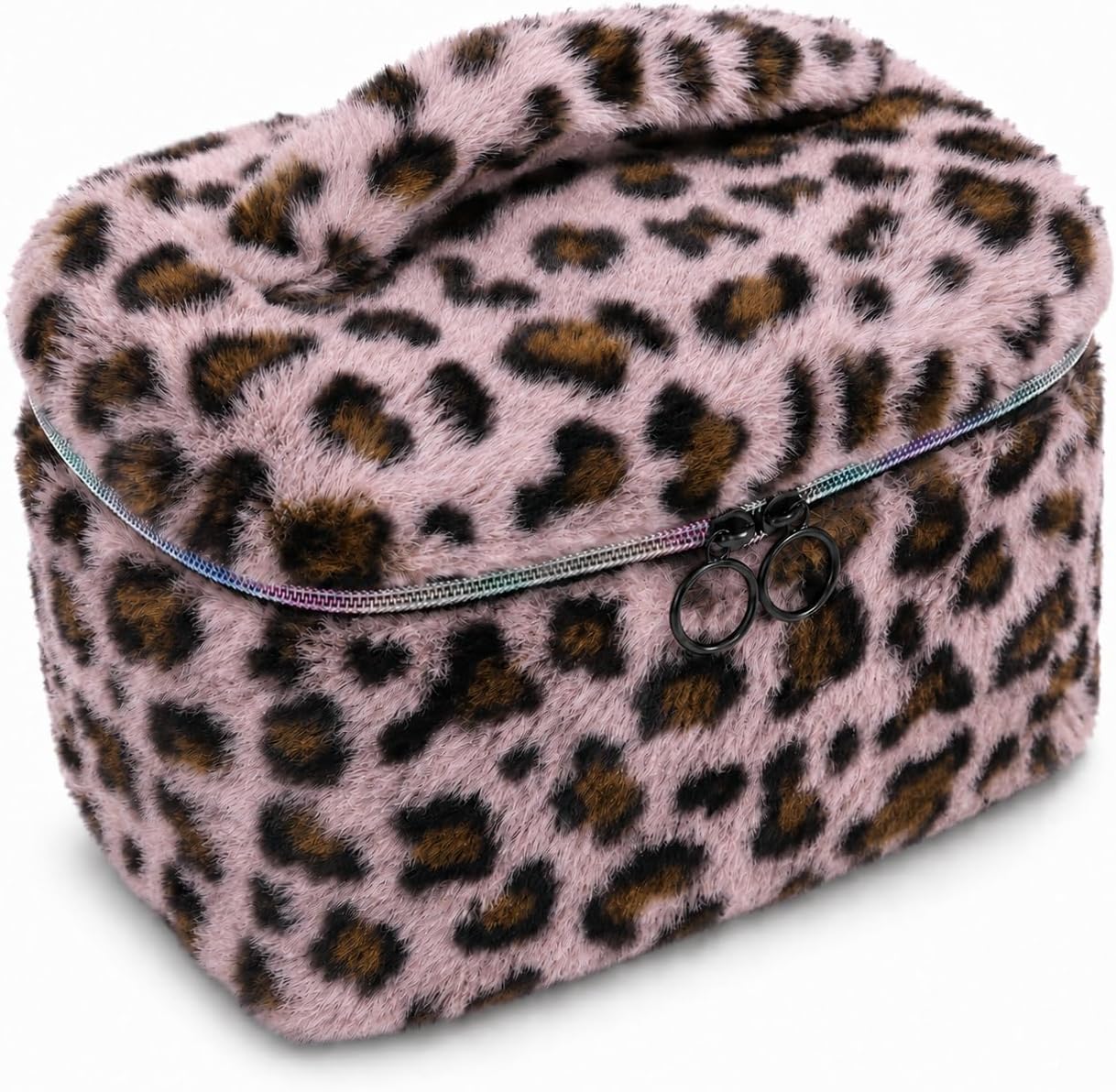 Plush Makeup Bag for Women, Leopard Print Faux Fur Travel Cosmetic Organizer, 10.2 x 7 x 7 in Soft Fluffy Toiletry Bag for Makeup, Skincare and Beauty Essentials (Rainbow Leopard)