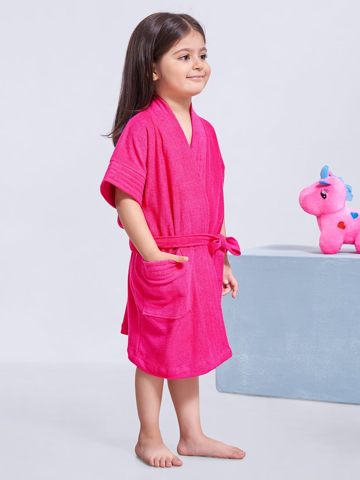 Sanddune Girl's Terry Cotton Half Sleeves, Knee Length Bathrobe Gown with Waist Belt and Pocket (1-2 Years) 1