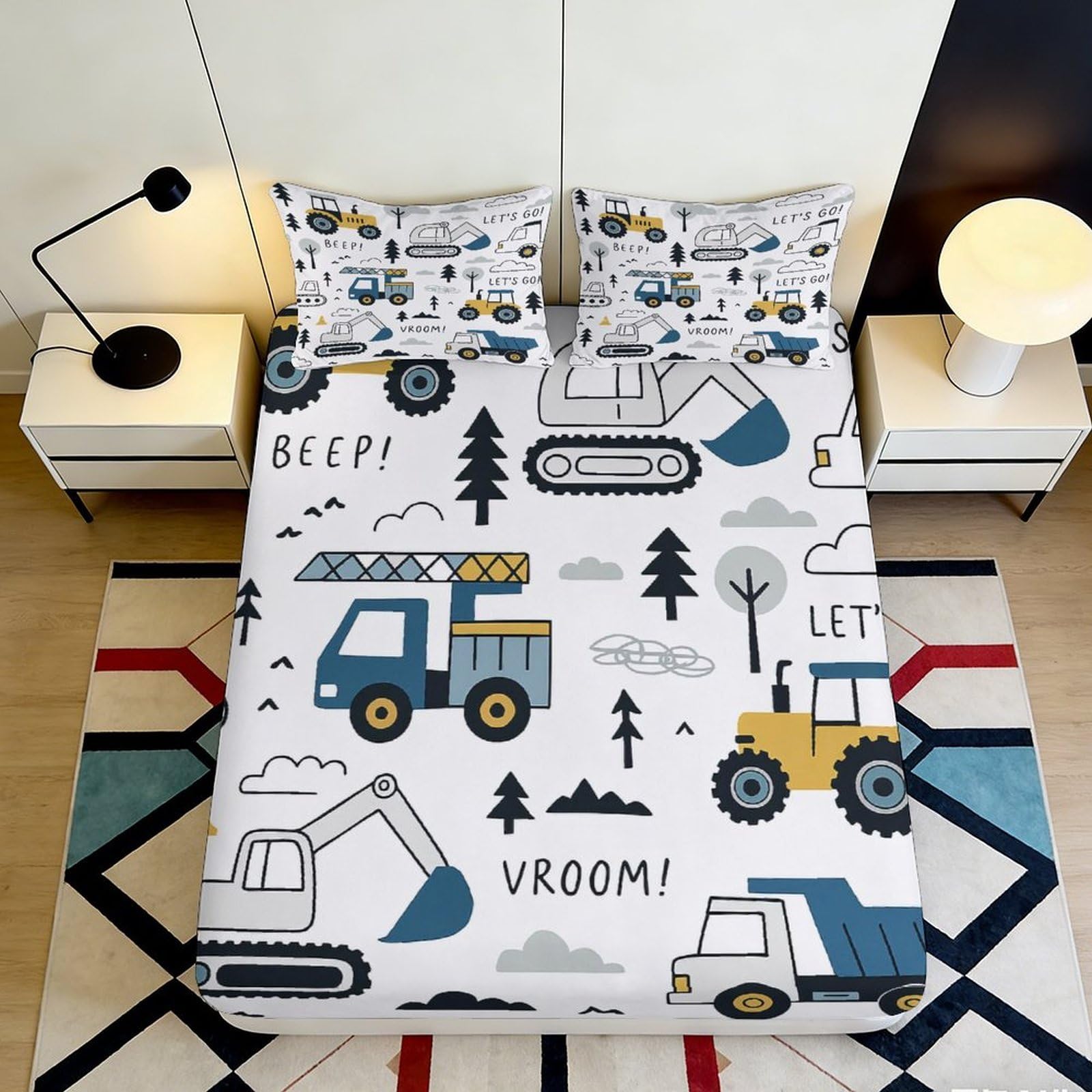 Jqzkxnhpbr Style-4 3D Printed Construction Vehicles Fitted Sheet Microfiber Soft Anti-Slip Truck Bed Sheet For Bedroom Dorm Mattress Protection Decor 90X200x25cm